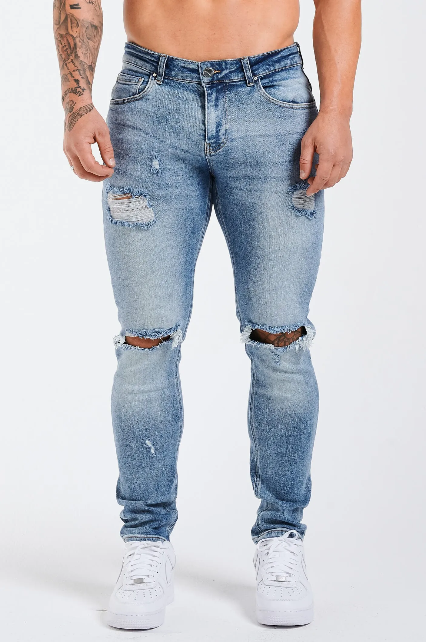 SLIM FIT JEANS 2.0 RIPPED AND REPAIRED - MID BLUE