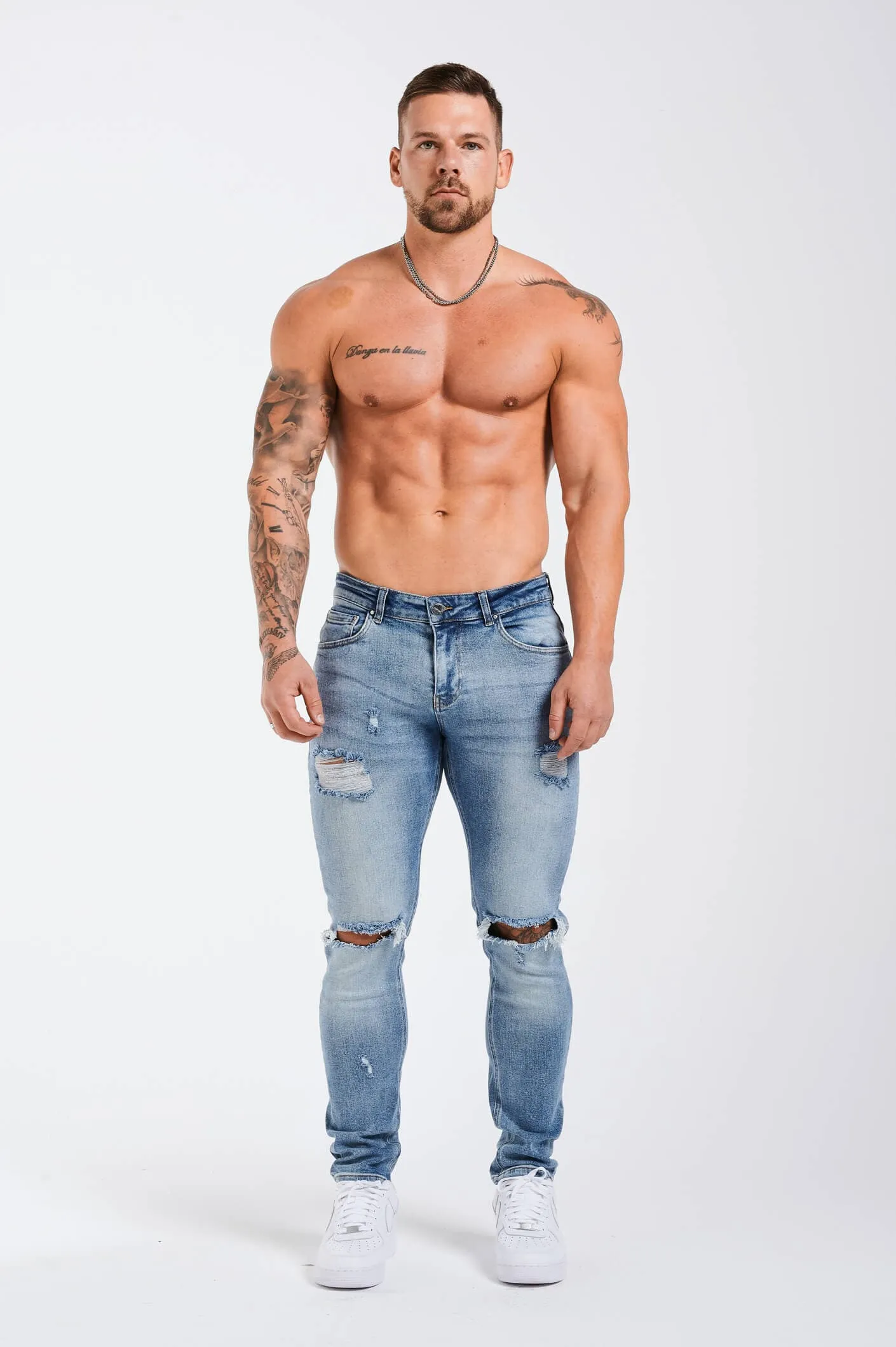 SLIM FIT JEANS 2.0 RIPPED AND REPAIRED - MID BLUE