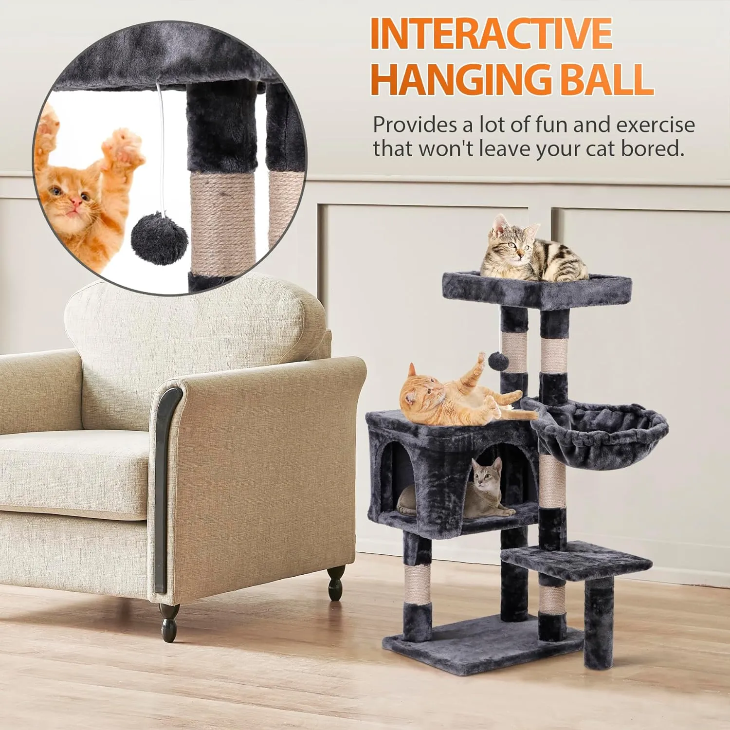 ZENY™ 35.5 Inch Cat Tree for Indoor Cats, Multi-Level Cat Condo Tower with Large Top Perch, Hammock and Scratching Posts, Dark Grey