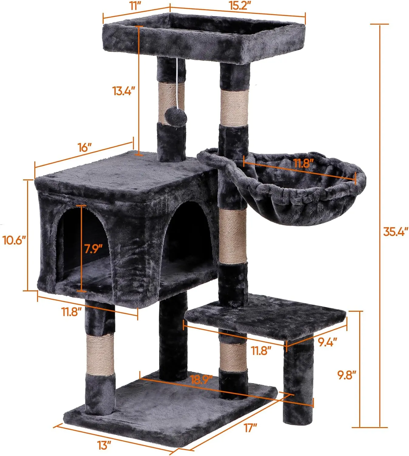 ZENY™ 35.5 Inch Cat Tree for Indoor Cats, Multi-Level Cat Condo Tower with Large Top Perch, Hammock and Scratching Posts, Dark Grey