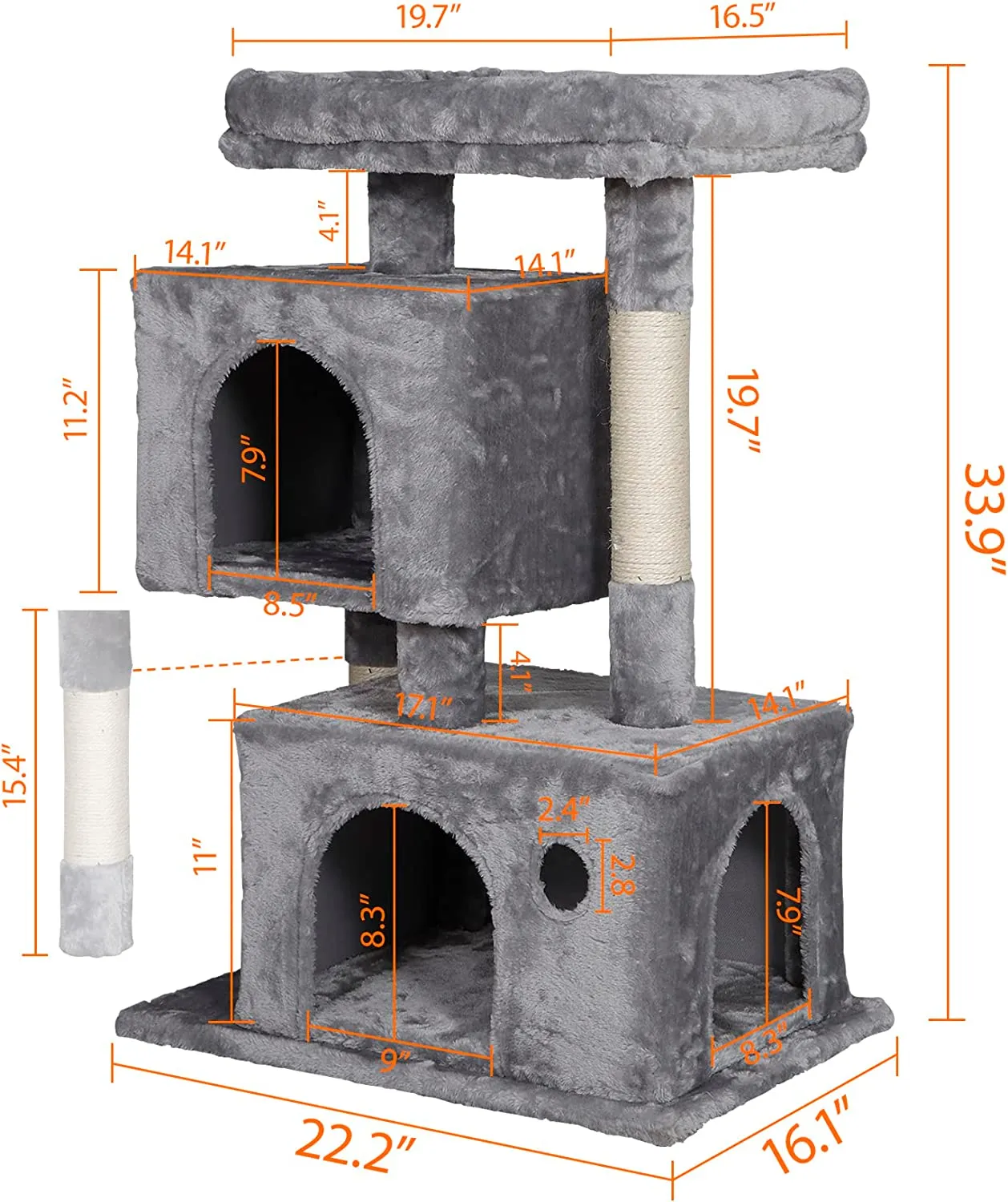 ZENY™ Cat Tree,33.9 inch Cat Tower for Indoor Cat, 2 Plush Kitten Condos with Scratch Posts, Jump Platform,Anti-toppling Device (Gray)