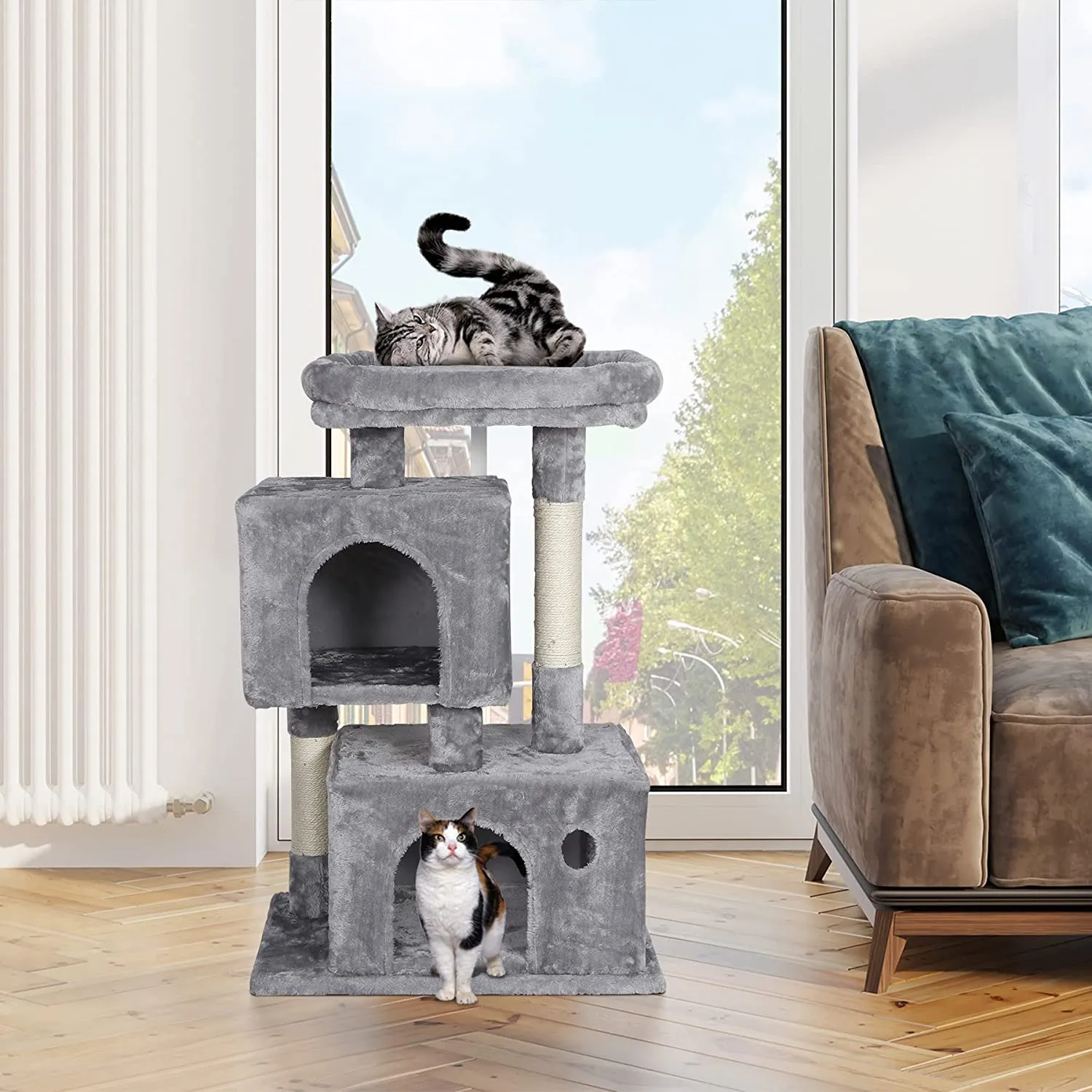 ZENY™ Cat Tree,33.9 inch Cat Tower for Indoor Cat, 2 Plush Kitten Condos with Scratch Posts, Jump Platform,Anti-toppling Device (Gray)